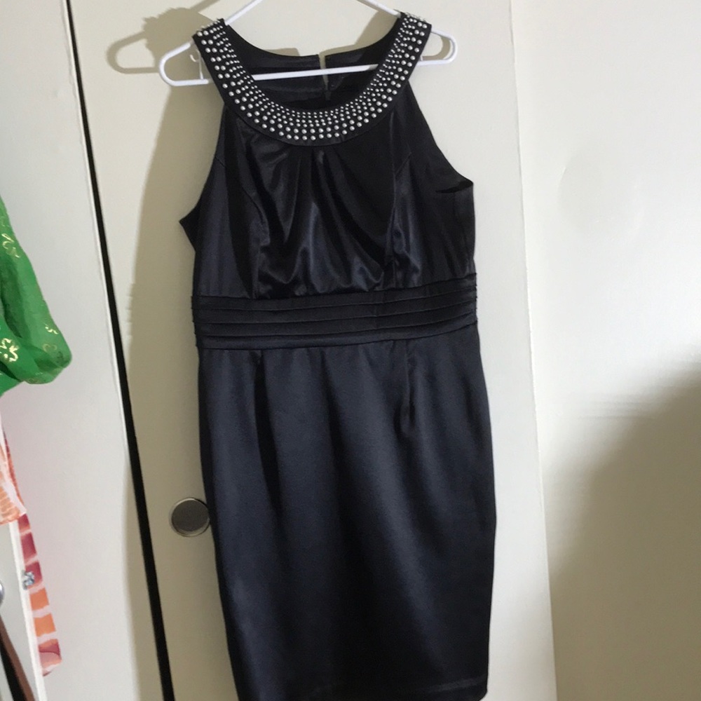 Black satin dress with pearl detail
